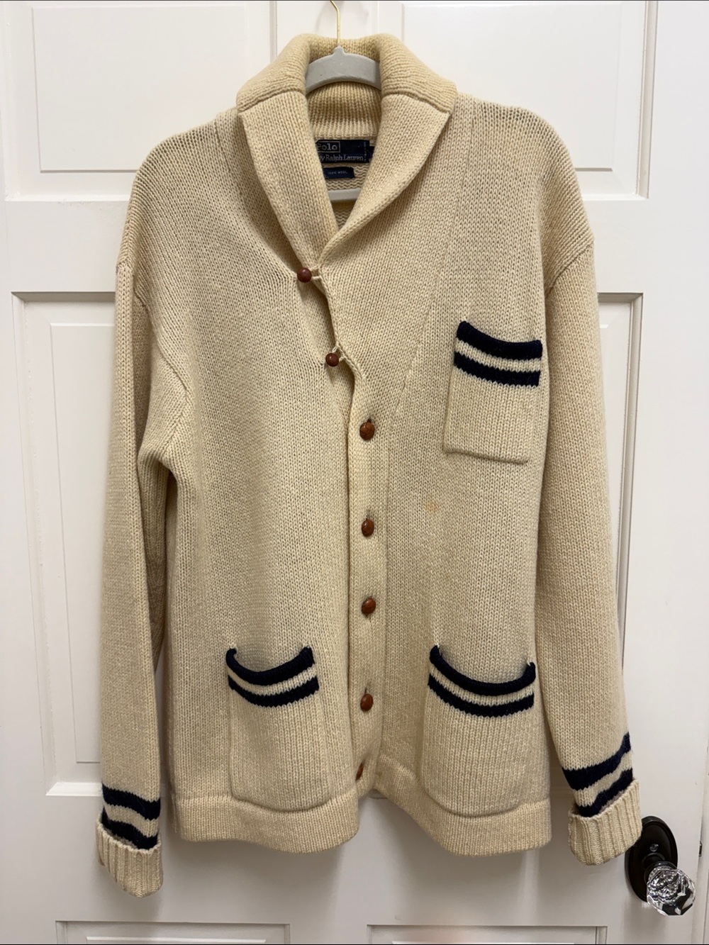 Vintage 100% Wool Ralph  Lauren Cream Shawl Collar Cardigan with Navy Stripes